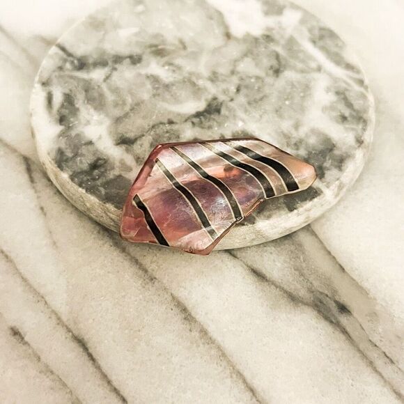 Vintage Iridescent Pink Art Glass Brooch Pin Black Stripe Abstract - Picture 1 of 4